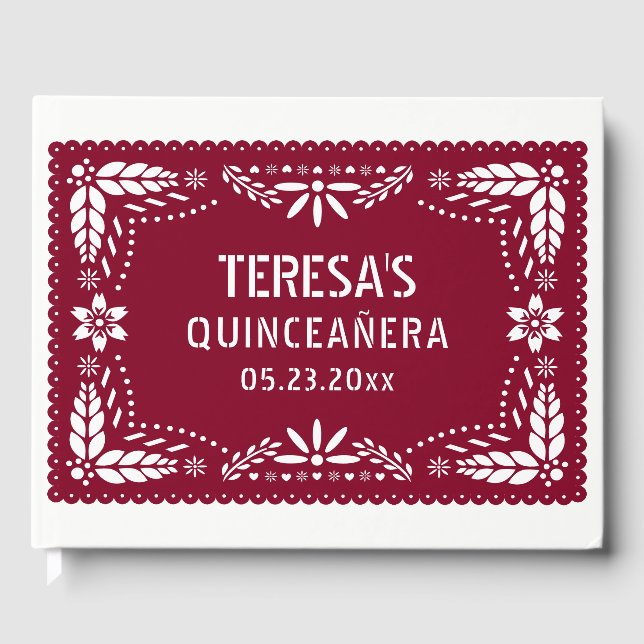 Burgundy, white papel picado Mexican Quinceañera Guest Book (Front)