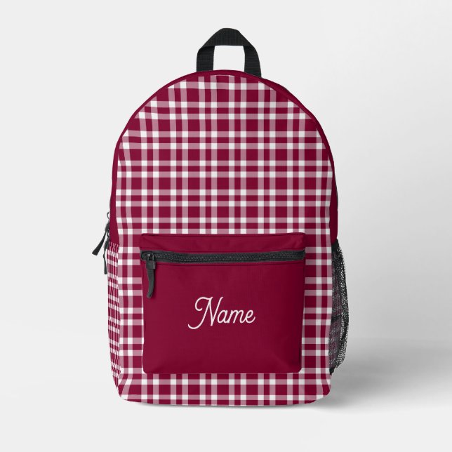 Burgundy White Plaid Personalise Pattern Printed Backpack (Front)