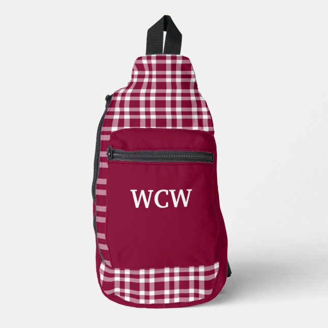 Burgundy White Plaid Personalise Pattern Sling Bag (Front)