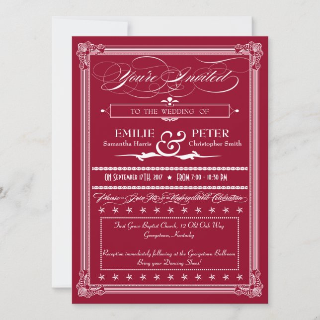 Burgundy & White Poster Style Wedding Invitation (Front)
