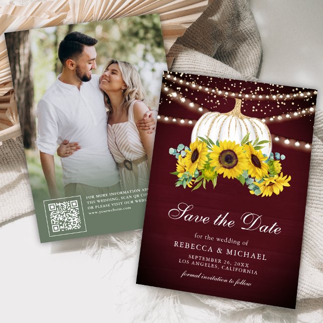 Burgundy White Pumpkin Sunflowers Wedding Photo Save The Date (Creator Uploaded)