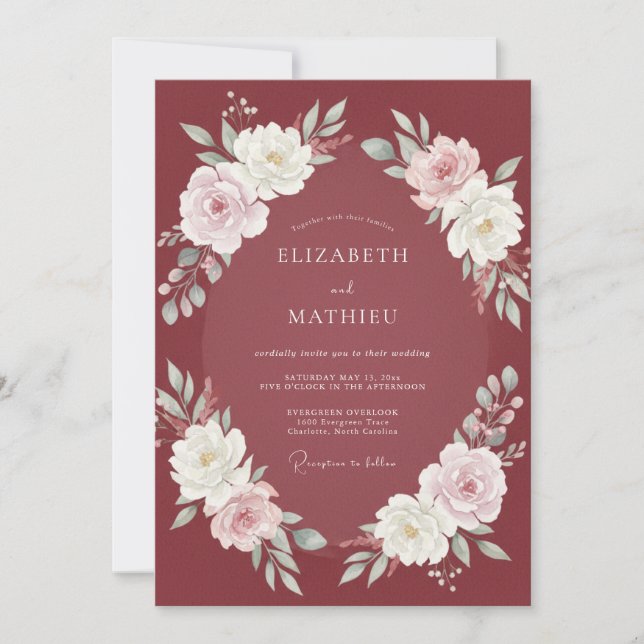 Burgundy White Ranunculus Eucalyptus Wedding Invitation (Front)
