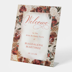 Burgundy White Rose 80th Birthday Welcome Pedestal Sign
