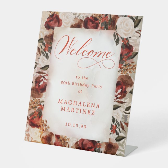 Burgundy White Rose 80th Birthday Welcome Pedestal Sign (Front)