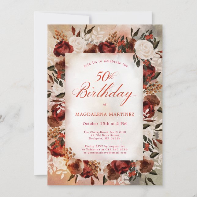 Burgundy White Rose Fall Floral 50th Birthday Invitation (Front)