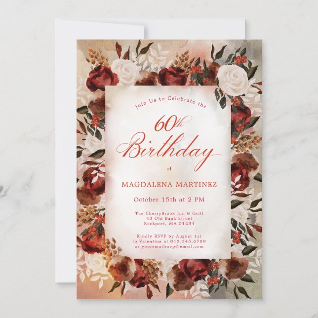 Burgundy White Rose Fall Floral 60th Birthday Invitation (Front)