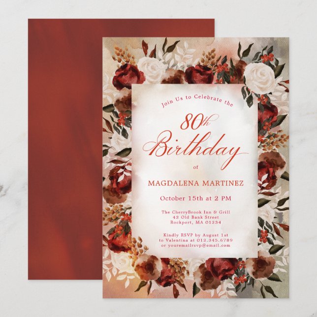 Burgundy White Rose Fall Floral 80th Birthday Invitation (Front/Back)