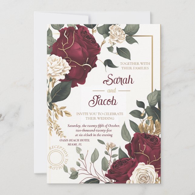 Burgundy White Rose Floral Gold Elegant Wedding  Invitation (Front)