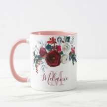 Burgundy White Rose Floral Pine Monogrammed