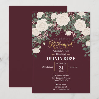 Burgundy White Rose Floral Retirement Invitation