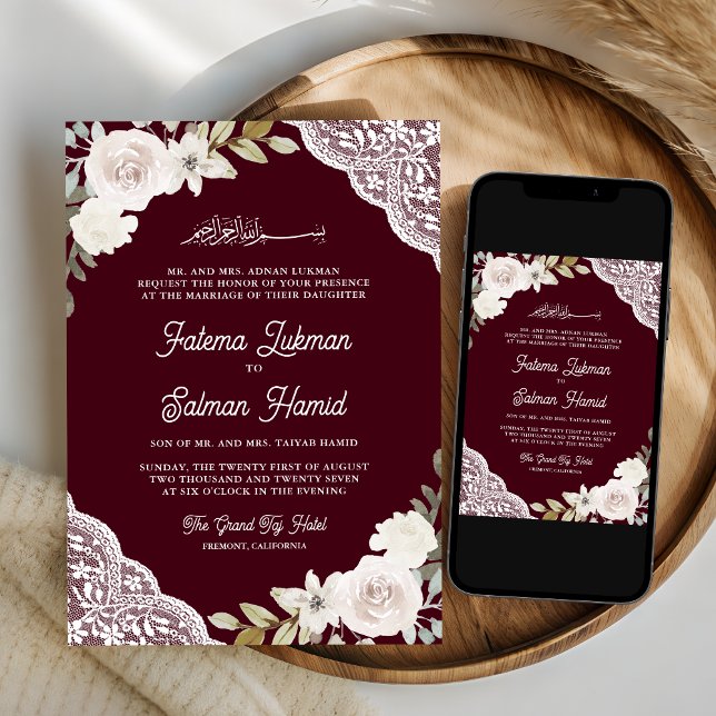 Burgundy White Roses Lace Islamic Muslim Wedding Invitation (Creator Uploaded)
