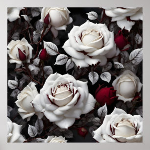 Burgundy White Roses With Black Leaves  Poster