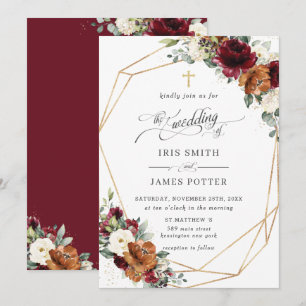 Burgundy White Rust Orange Floral Church Wedding   Invitation