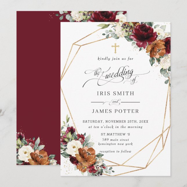 Burgundy White Rust Orange Floral Church Wedding   Invitation (Front/Back)