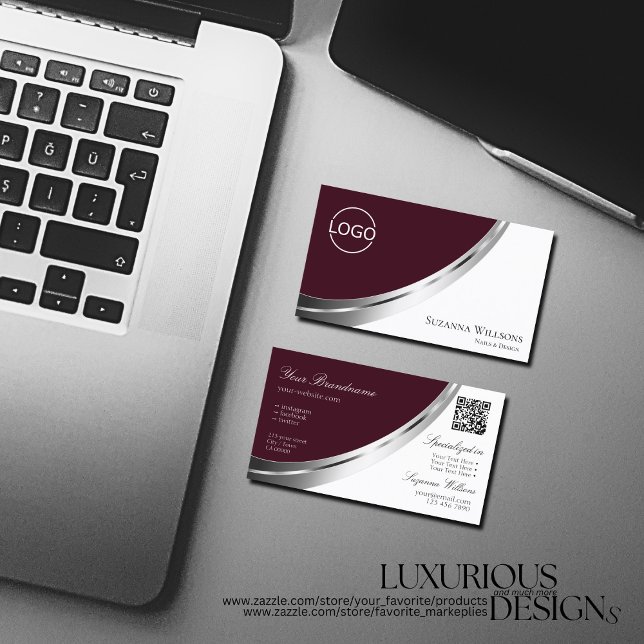 Burgundy White Silver Decor with Logo and QR-Code Business Card (Creator Uploaded)