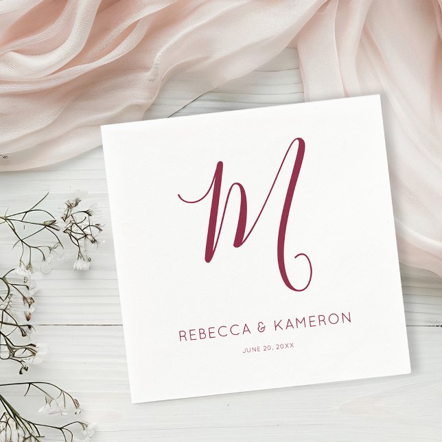 Burgundy & White Simple Elegant Monogram Wedding Napkin (Creator Uploaded)