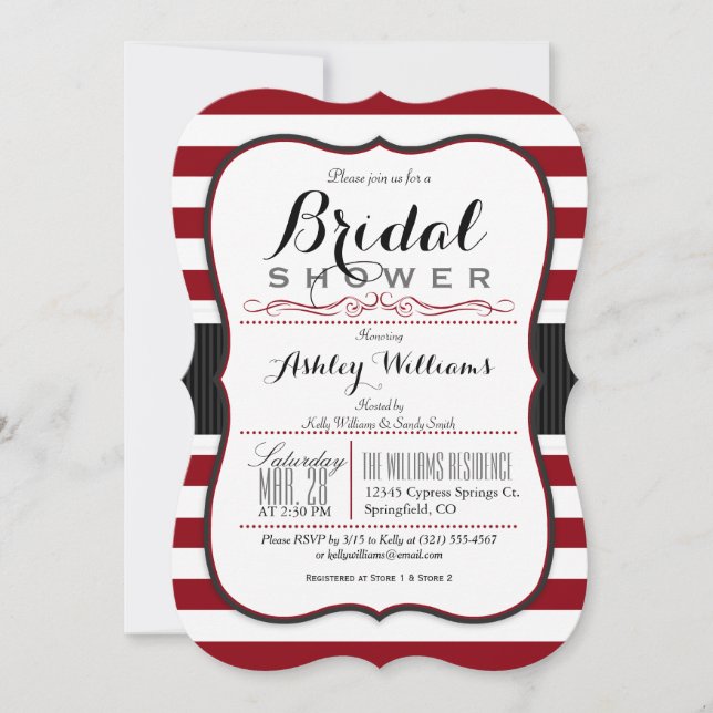 Burgundy & White Stripes; Elegant Bridal Shower Invitation (Front)