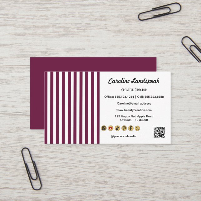 Burgundy White Stripes  QR Code Social Media Icons Business Card (Front/Back In Situ)