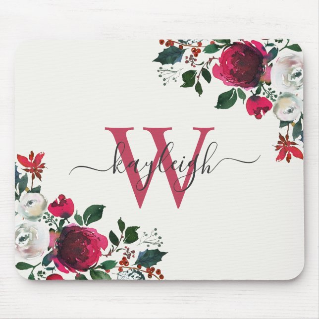 Burgundy White Watercolor Floral Name Monogrammed Mouse Pad (Front)