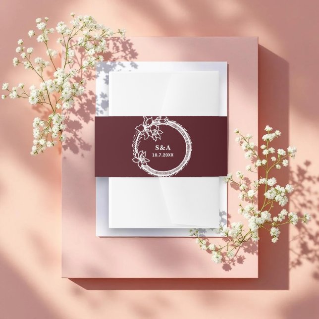 Burgundy White Wedding Monogram Floral Invitation Belly Band (Creator Uploaded)