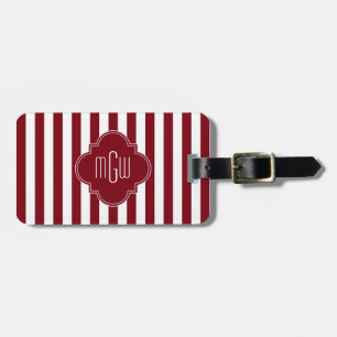 Burgundy Wht Stripe Burgundy Quatrefoil 3 Monogram Luggage Tag