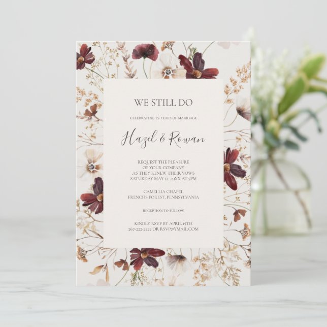 Burgundy Wildflower Beige We Still Do Vow Renewal Invitation (Standing Front)