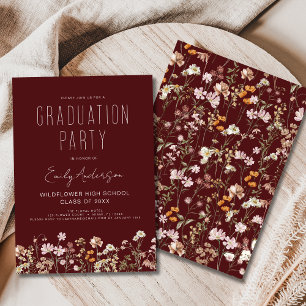 Burgundy Wildflower Bloom Graduation Party Boho Invitation