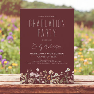 Burgundy Wildflower Bloom Graduation Party Invitation
