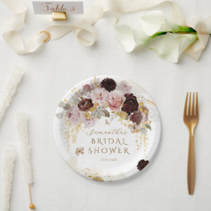 Burgundy Wildflower Garden Floral Bridal Shower Paper Plate