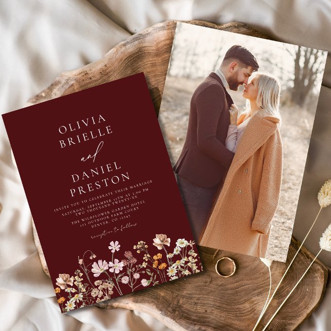 Burgundy Wildflower Photo Garden Wedding Invitation (Creator Uploaded)