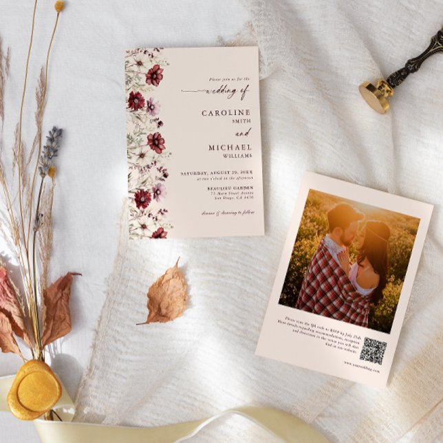 Burgundy Wildflower Photo QR Code Wedding  Invitation (Creator Uploaded)