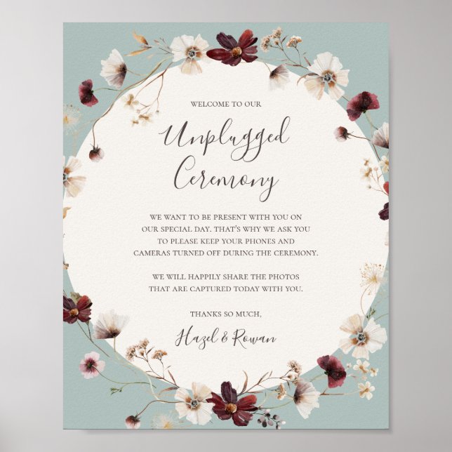 Burgundy Wildflower | Teal Unplugged Ceremony Sign (Front)