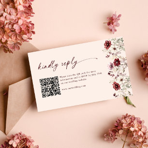 Burgundy Wildflower Wedding Budget RSVP QR Code Enclosure Card