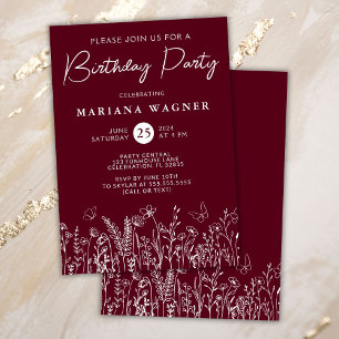 Burgundy Wildflowers Birthday Party Invitation