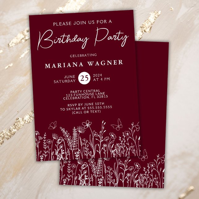 Burgundy Wildflowers Birthday Party Invitation (Creator Uploaded)