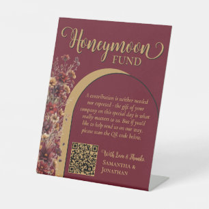 Burgundy Wildflowers Honeymoon Fund QR Code Pedestal Sign