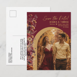 Burgundy Wildflowers Photo Wedding Save the Date Announcement Postcard