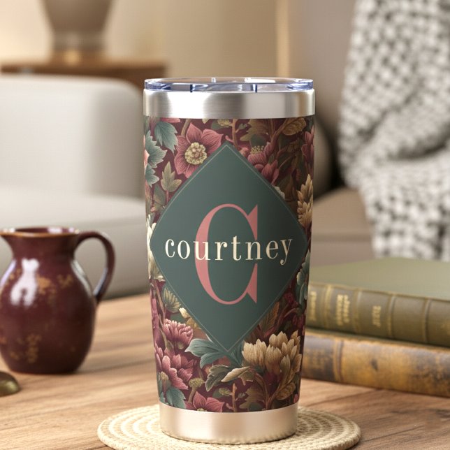 Burgundy William Morris Floral Elegant Monogram  Insulated Tumbler (Creator Uploaded)
