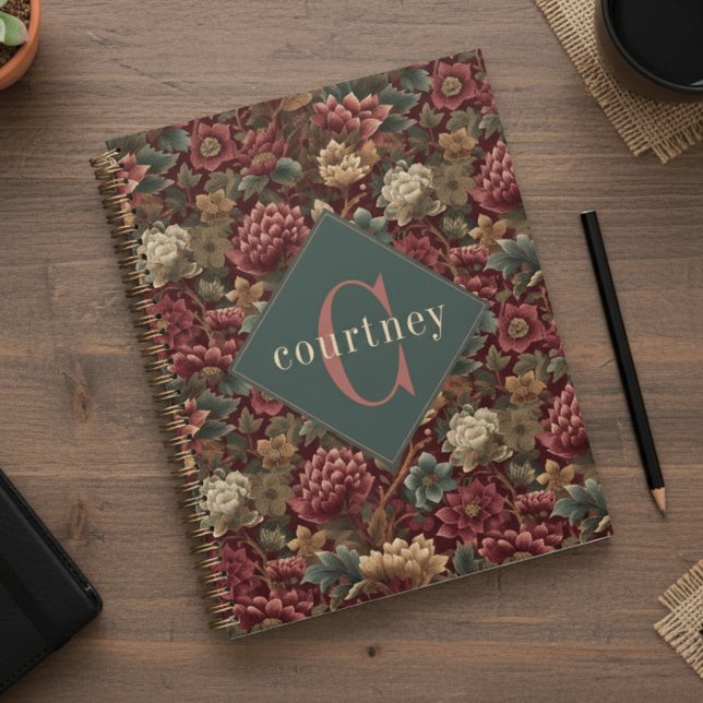 Burgundy William Morris Floral Elegant Monogram  Planner (Creator Uploaded)