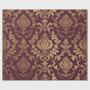 Burgundy Wine and Gold Baroque Damask Seamless Wra Wrapping Paper