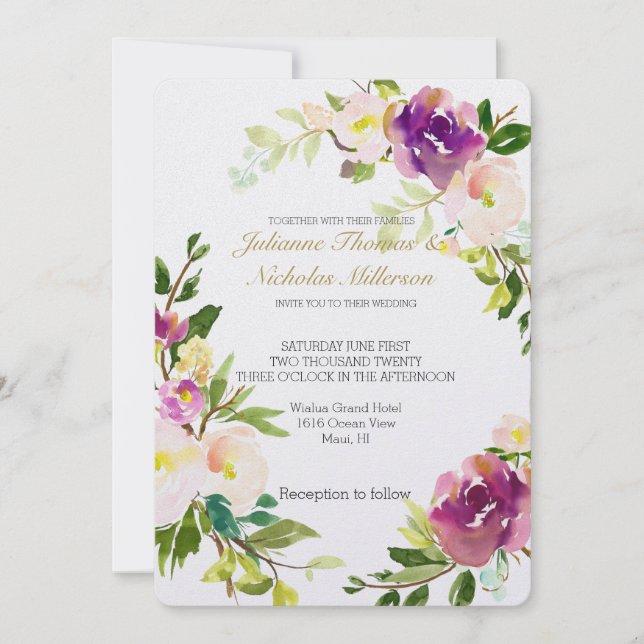 Burgundy Wine and Pink Watercolor Floral Wedding Invitation (Front)