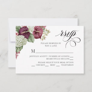 Burgundy Wine Anthurium and Hydrangea Wedding RSVP Card