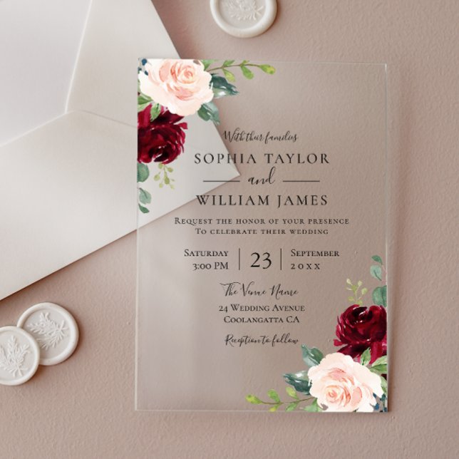 Burgundy Wine & Blush Floral Wedding Acrylic Invitations (Creator Uploaded)