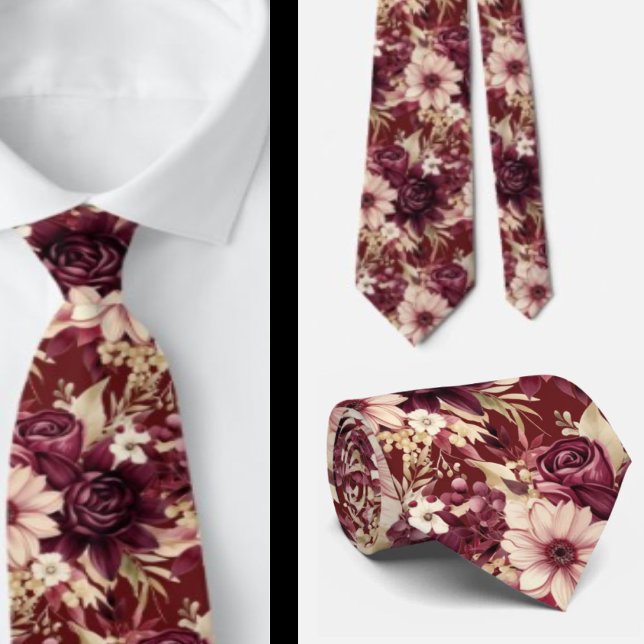 Burgundy Wine Boho Watercolor Flowers Tie (Creator Uploaded)