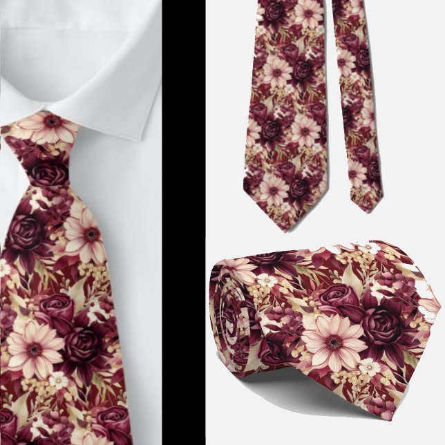 Burgundy Wine Boho Watercolor Flowers Tie (Creator Uploaded)
