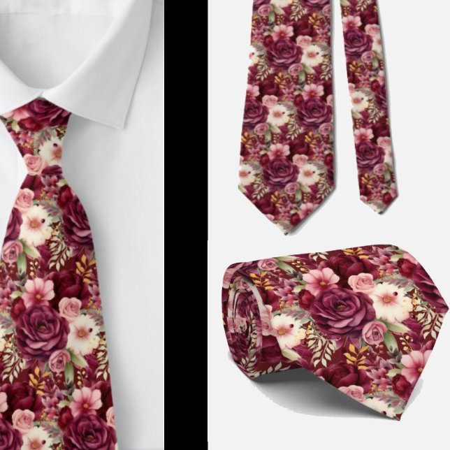 Burgundy Wine Boho Watercolor Flowers Tie (Creator Uploaded)
