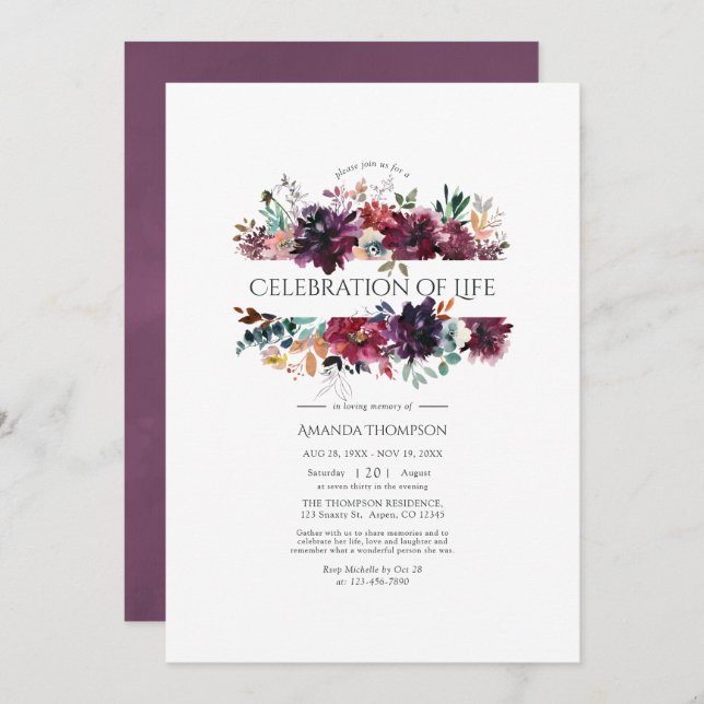 Burgundy Wine Colour Floral Celebration of Life Invitation (Front/Back)