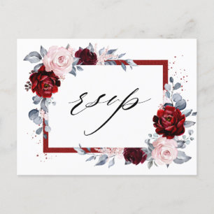 Burgundy Wine Dusty Blue Slate Floral Wedding RSVP Postcard