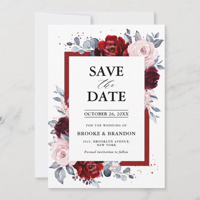 Burgundy Wine Dusty Blue Slate Save the Date (Front)