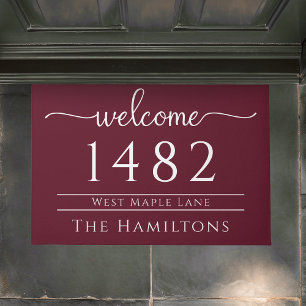 Burgundy wine family name personalised address doormat